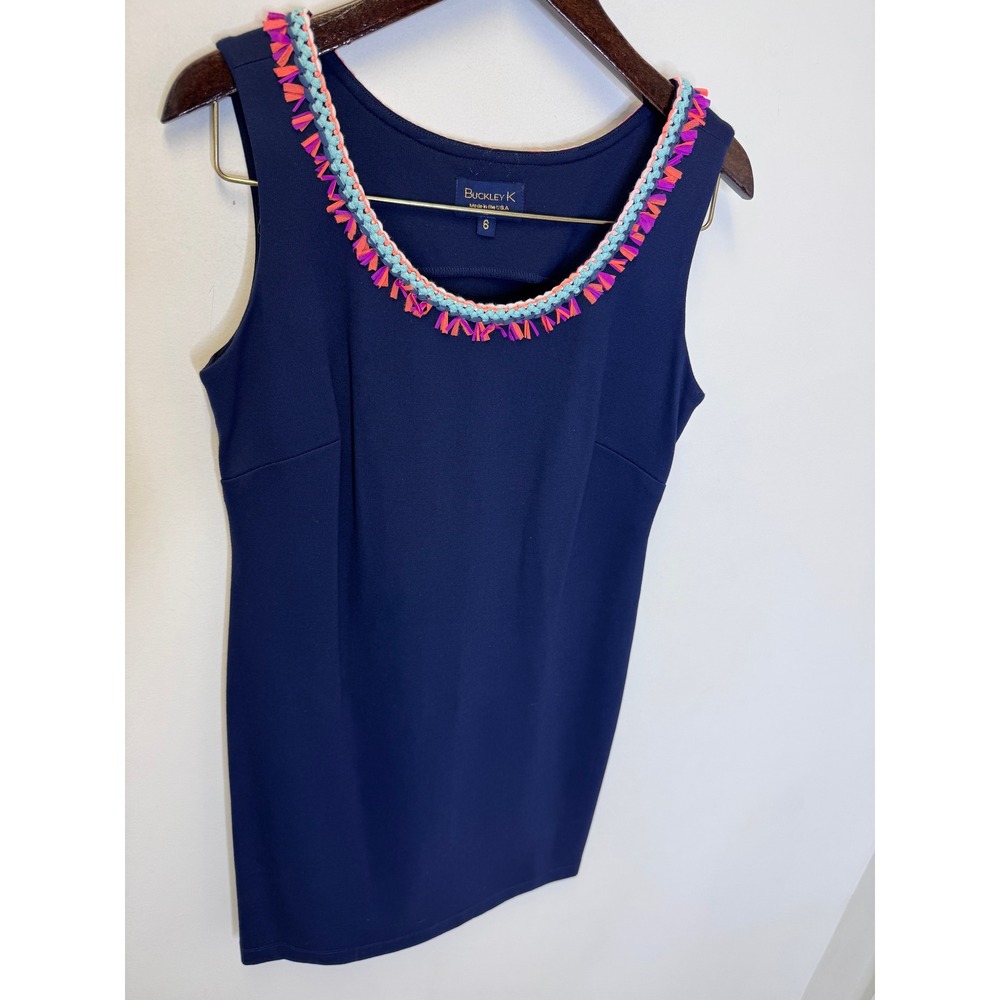 Buckley K Navy Blue‎ Braided Fringe Neckline Sheath Dress Made in USA Womens 6